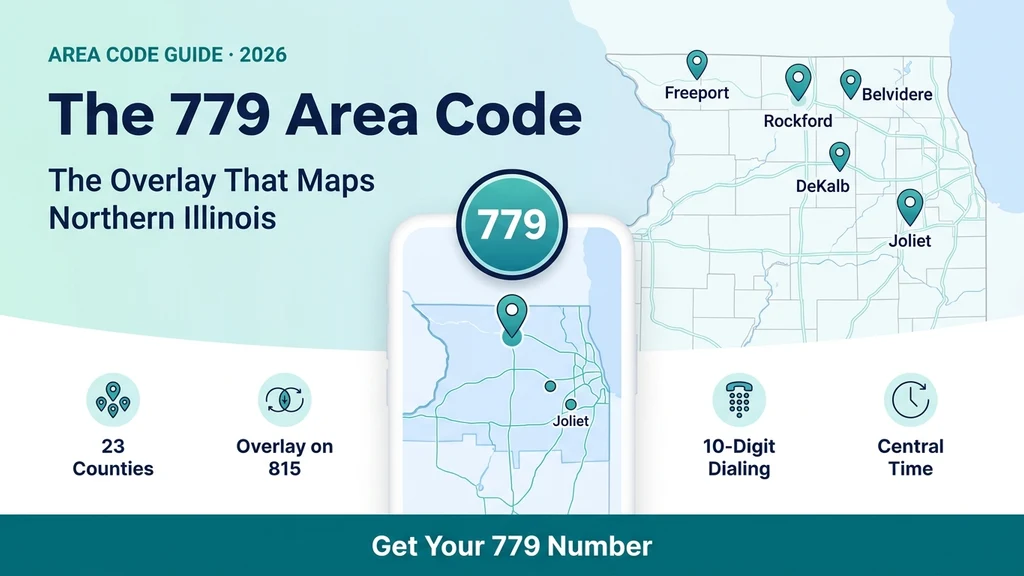 Teal phone-mockup banner showing a map of northern Illinois on screen, with stat rows for coverage, overlay, and time zone
