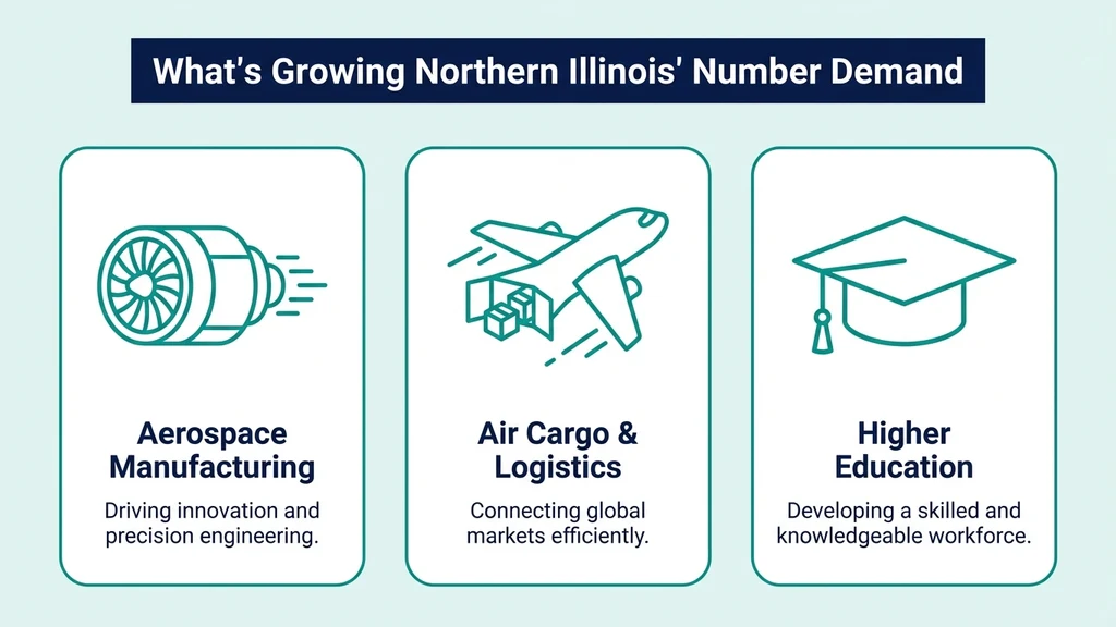 Editorial stat graphic titled What's Growing Northern Illinois' Number Demand, with rows for aerospace manufacturing, air cargo and logistics, and higher education
