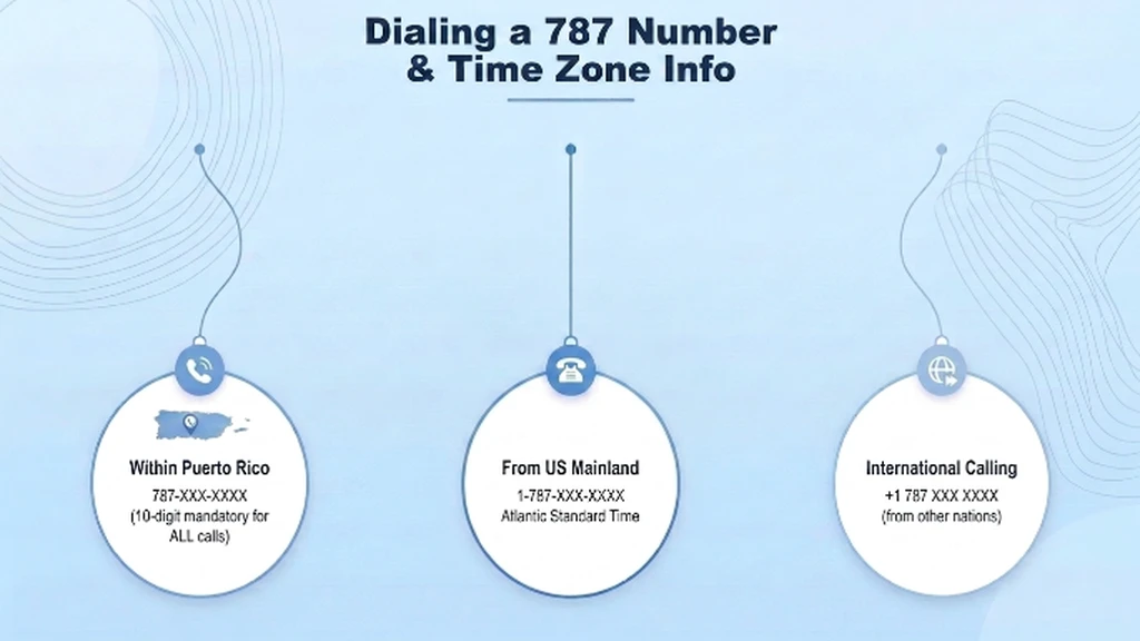 Smartphone dial pad showing +1 (787) XXX-XXXX beside an Atlantic Time clock icon on a pale blue infographic
