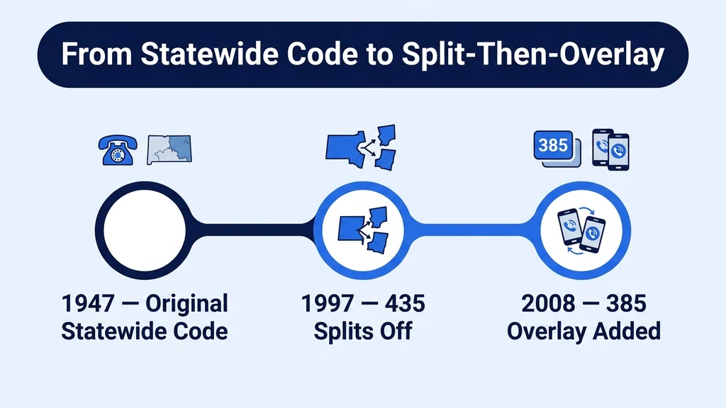 Timeline graphic showing three milestones: 1947 original statewide code, 1997 split creating 435, and 2008 385 overlay activated