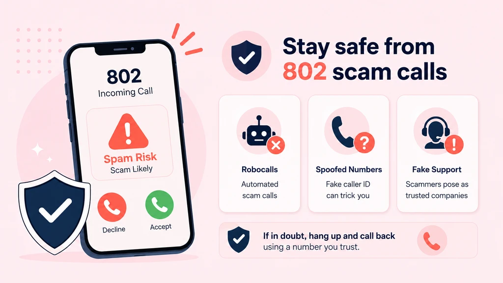 Phone showing a Spam Risk warning with coral cards for robocalls, spoofed numbers and fake support, plus a navy safety shield