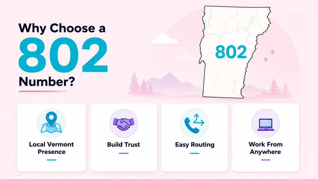 Four white benefit cards with cyan and violet icons reading local Vermont presence, build trust, easy routing and work from anywhere