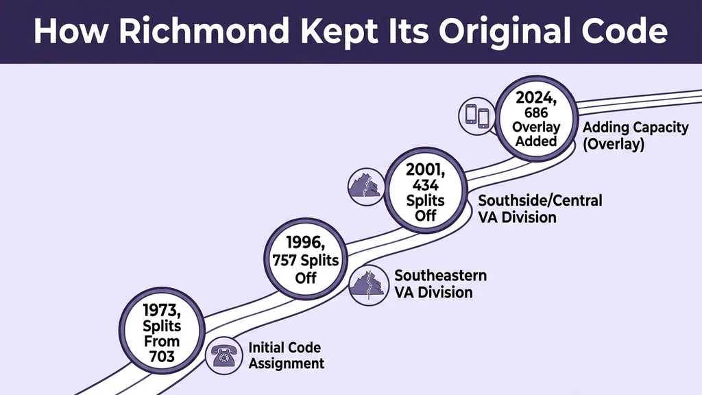 Timeline graphic showing four milestones: 1973 split from 703, 1996 split creating 757, 2001 split creating 434, and 2024 686 overlay activated