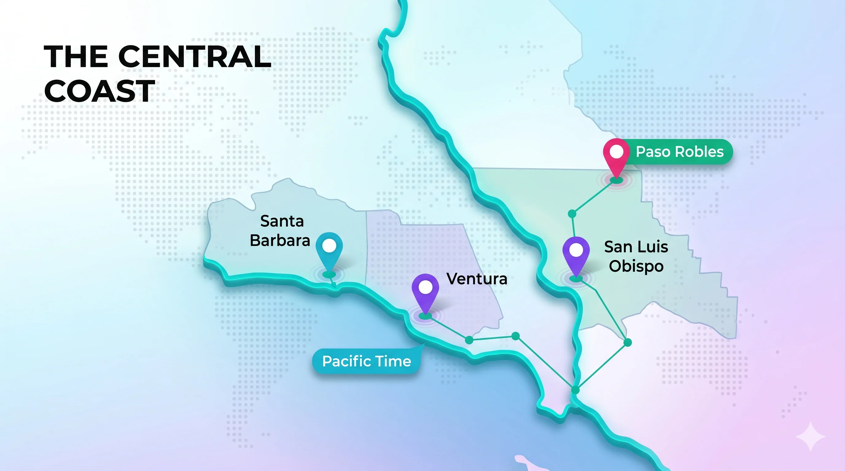 Map of California's Central Coast showing the 805 region across Santa Barbara, Ventura, and San Luis Obispo counties in the Pacific Time Zone