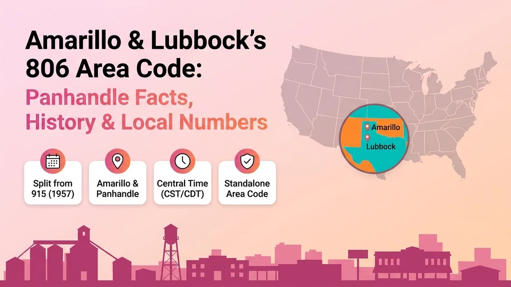 Pink and orange banner showing a zoomed US map circle over the Texas Panhandle with pins for Amarillo and Lubbock, and icon callouts for split year, time zone, and standalone status