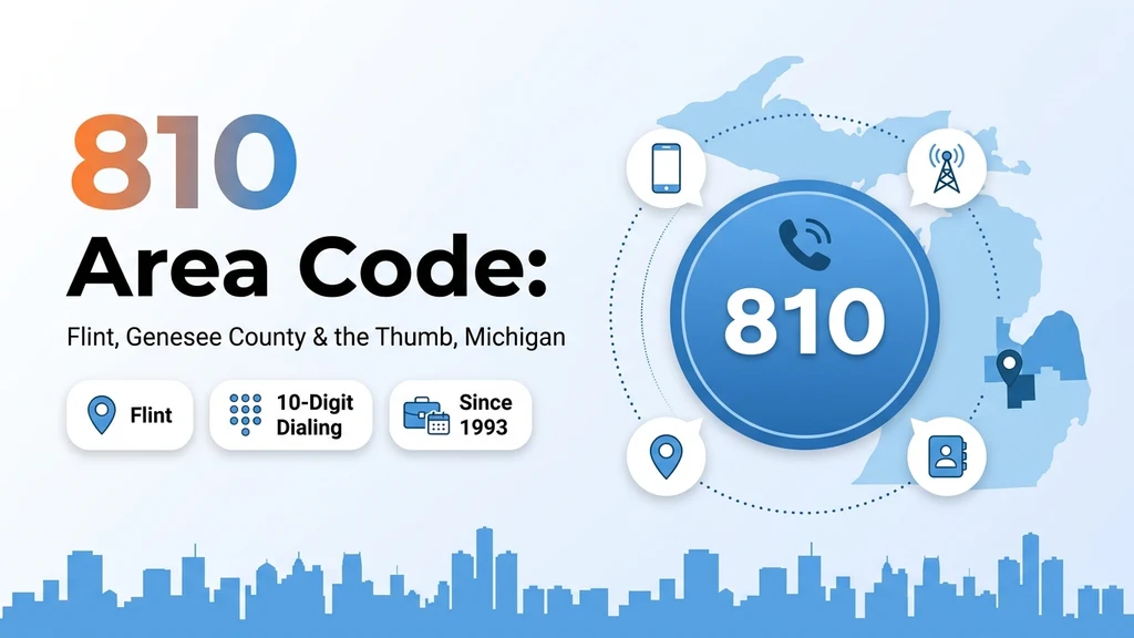Blue banner showing a central phone badge with the 810 area code, radial icons for dialing and coverage, and a highlighted Michigan map with a pin over Flint