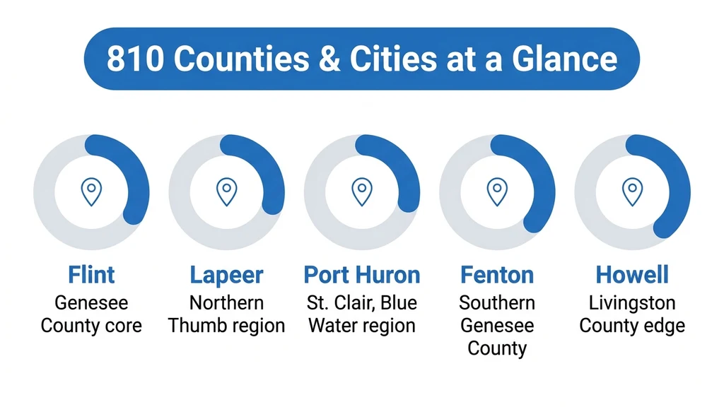 Table-style graphic listing Flint, Lapeer, Port Huron, and Fenton with their counties across east-central Michigan