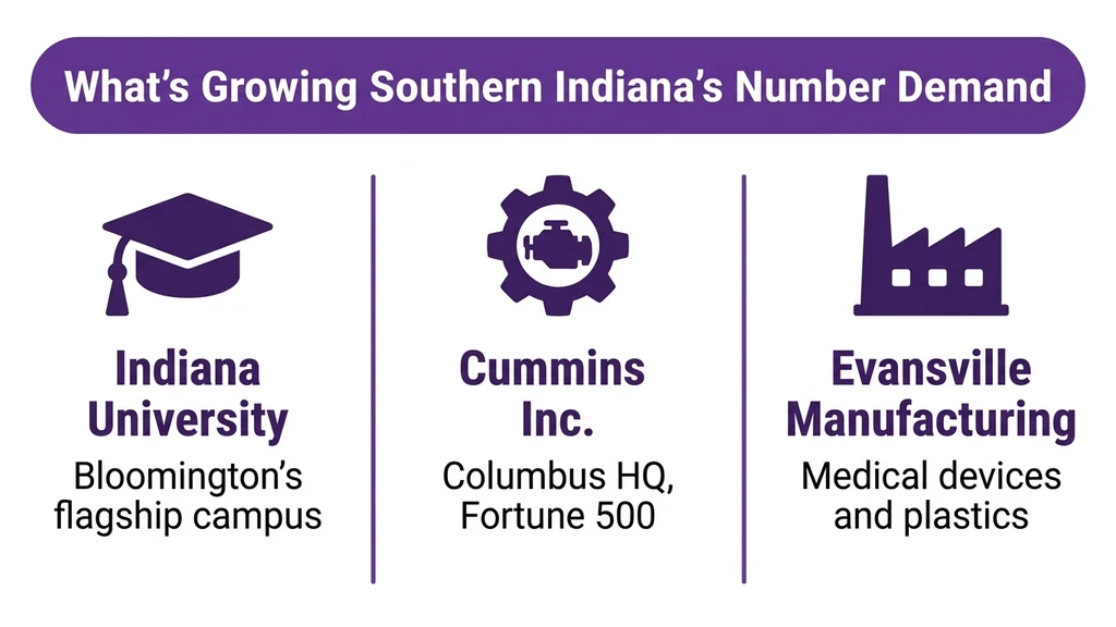 Editorial stat graphic titled What's Growing Southern Indiana's Number Demand, with rows for Indiana University, Cummins Inc., and regional manufacturing