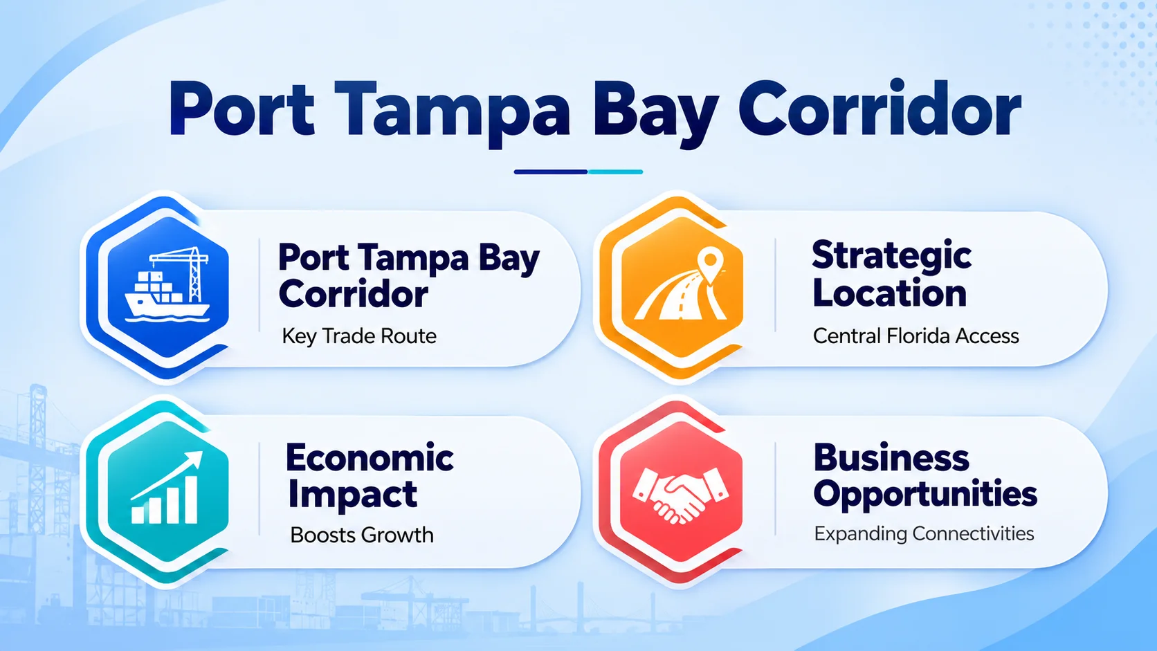 Port Tampa Bay Corridor. Four points: Port Tampa Bay Corridor — Key Trade Route; Strategic Location — Central Florida Access; Economic Impact — Boosts Growth; Business Opportunities — Expanding Connectivities.
