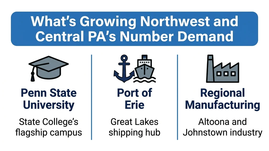Editorial stat graphic titled What's Growing Northwest and Central Pennsylvania's Number Demand, with rows for Penn State University, the Port of Erie, and regional manufacturing