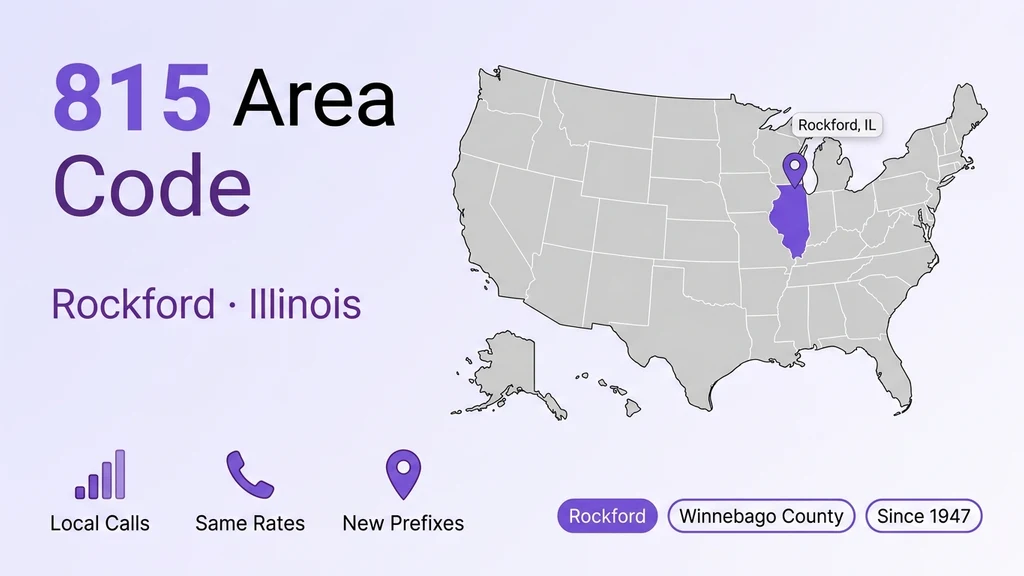 Illustrated line-art scene of northern Illinois industry with a bold 815 area code heading and info cards listing county, overlay, time zone, and founding year