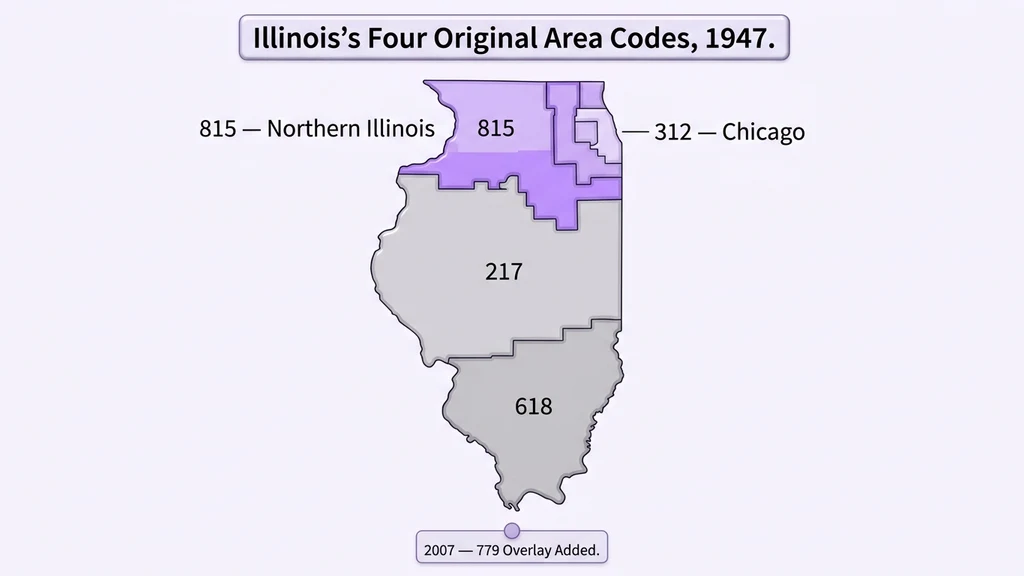 Timeline graphic showing Illinois's four original 1947 area codes — 312, 217, 618, and 815 — then the 779 overlay added in 2007