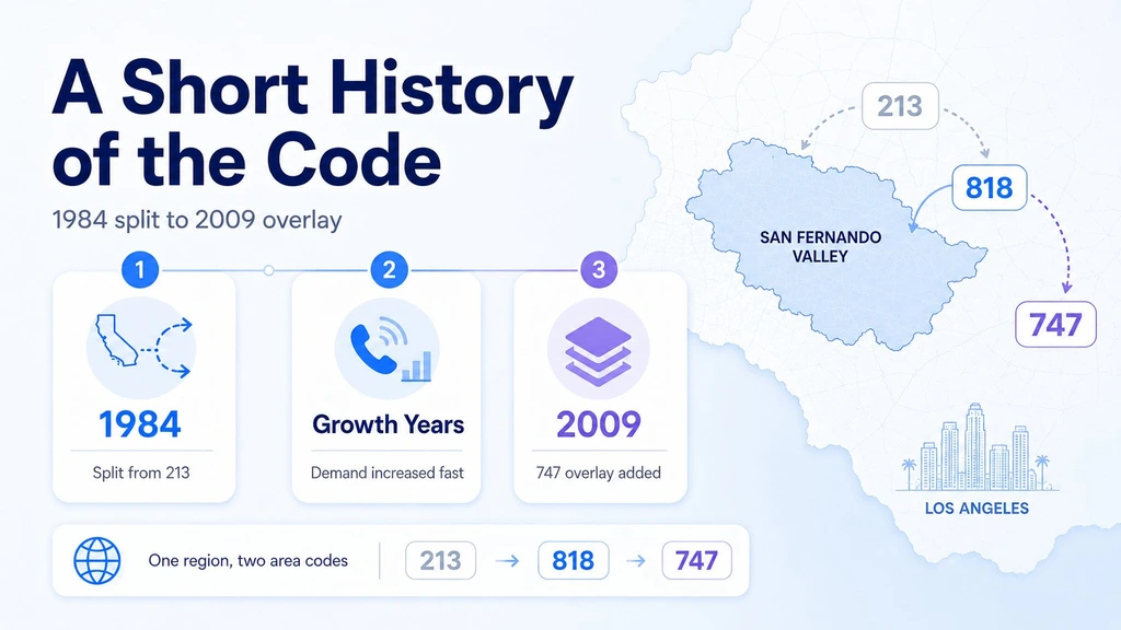 A short history of the code — 213 split to 818 in 1984, growth years, and the 747 overlay added in 2009