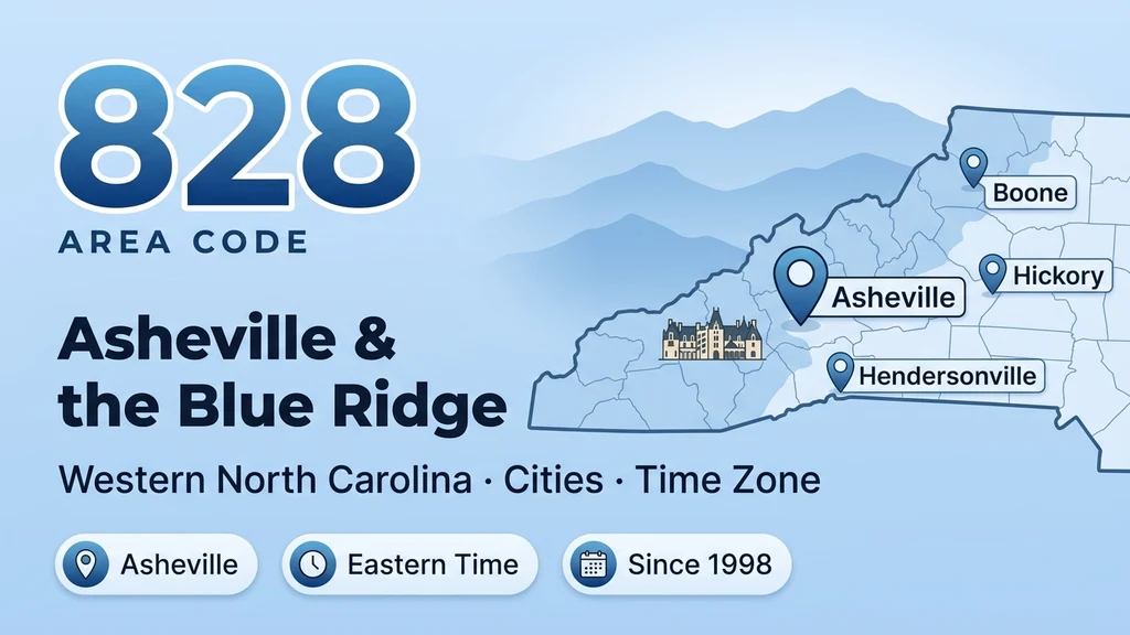 Illustrated map of western North Carolina with the Blue Ridge Mountains and a Sunsphere-style landmark, a bold 828 area code heading, and pins over Asheville and Boone