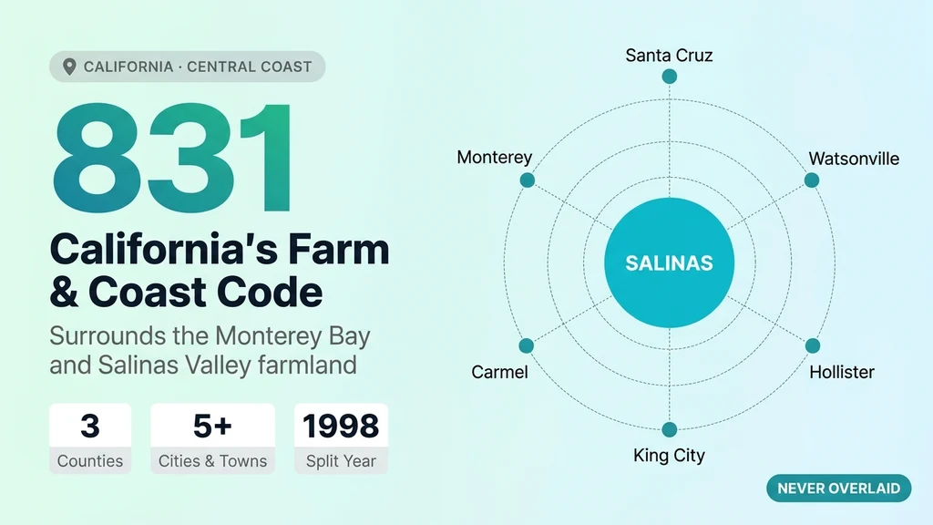 Map of California's Central Coast with Monterey, San Benito, and Santa Cruz counties highlighted, a bold 831 area code heading, and a faint coastline sketch