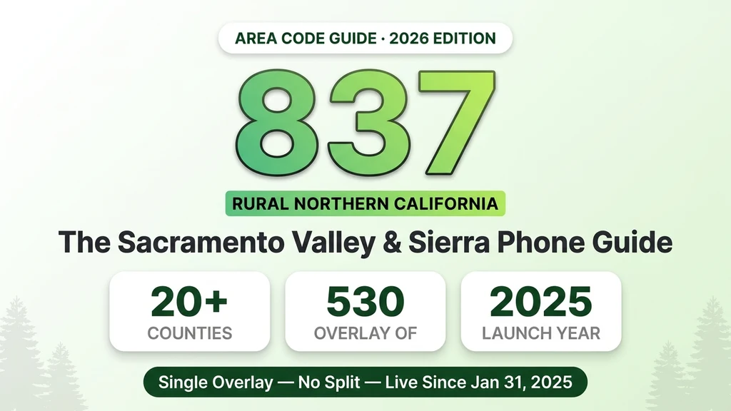 Green banner showing the 837 area code number, stat pills for counties, population, and square miles, and a badge noting it's a single overlay with no split, launched January 2025