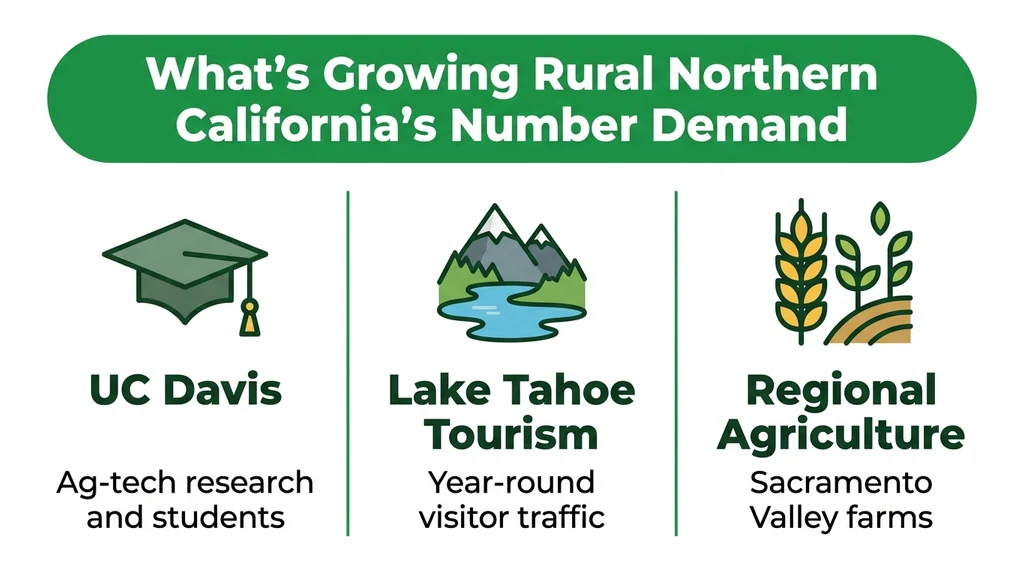 Editorial stat graphic titled What's Growing Rural Northern California's Number Demand, with rows for UC Davis, Lake Tahoe tourism, and regional agriculture