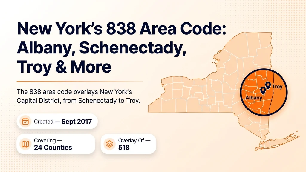 Orange and navy banner showing a map badge over eastern New York with pins for Albany, Schenectady, and Troy, labeled as the overlay for area code 518