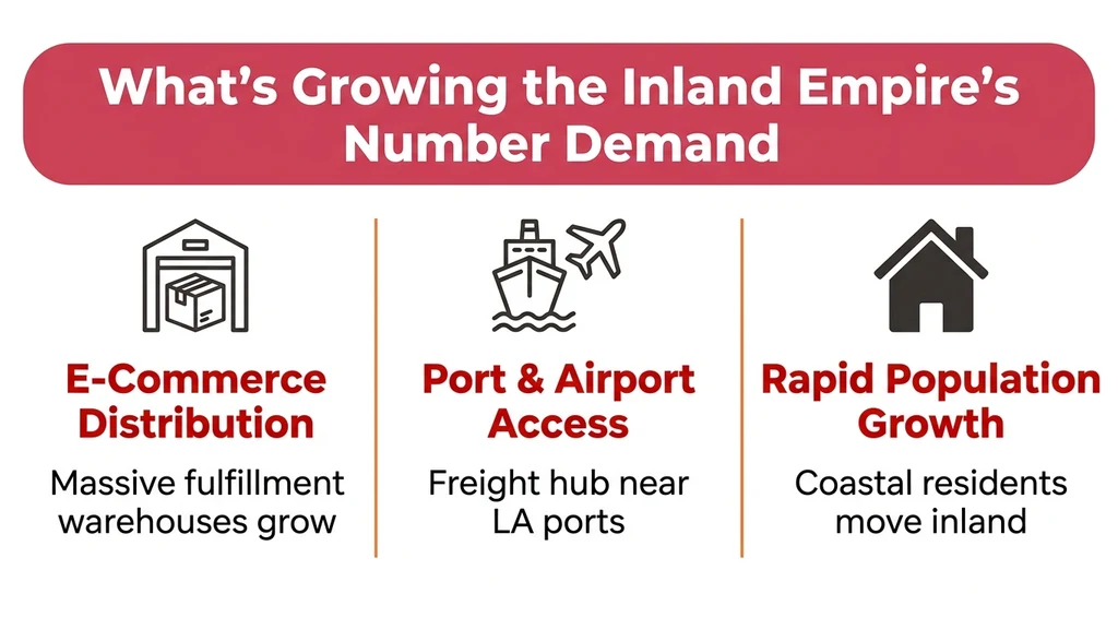 Editorial stat graphic titled What's Growing the Inland Empire's Number Demand, with rows for e-commerce distribution centers, port and airport proximity, and population growth