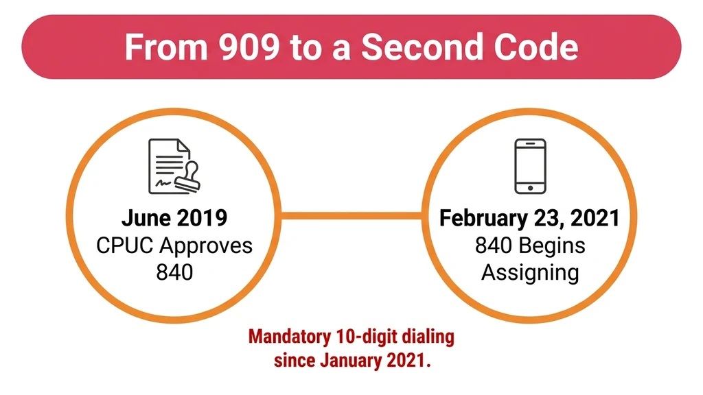 Timeline graphic showing two milestones: June 2019 CPUC approval and February 2021 840 overlay activation over the existing 909 region