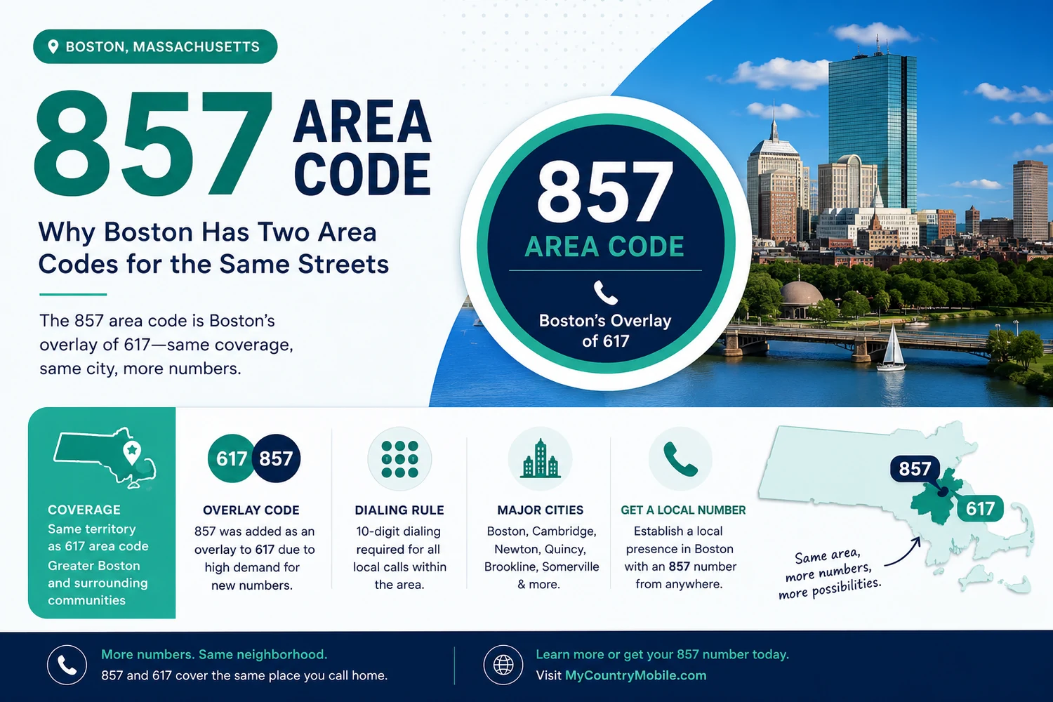 The 857 Area Code — Metro Boston Phone Guide 2026. Overlay on top of 617. 10-digit dialing required. Eastern Time. Massachusetts. Heraldic medallion with 857 inside a brick-red center ringed by a navy + gold border with four cardinal stars.