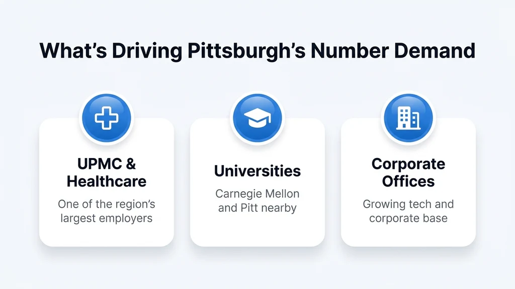 Editorial stat graphic titled What's Growing Pittsburgh's Number Demand, with rows for UPMC healthcare, universities, and corporate headquarters