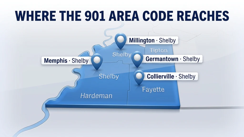 Dimensional map graphic of southwestern Tennessee highlighting the 901 region with glossy pins over Memphis, Germantown, Collierville, and Millington