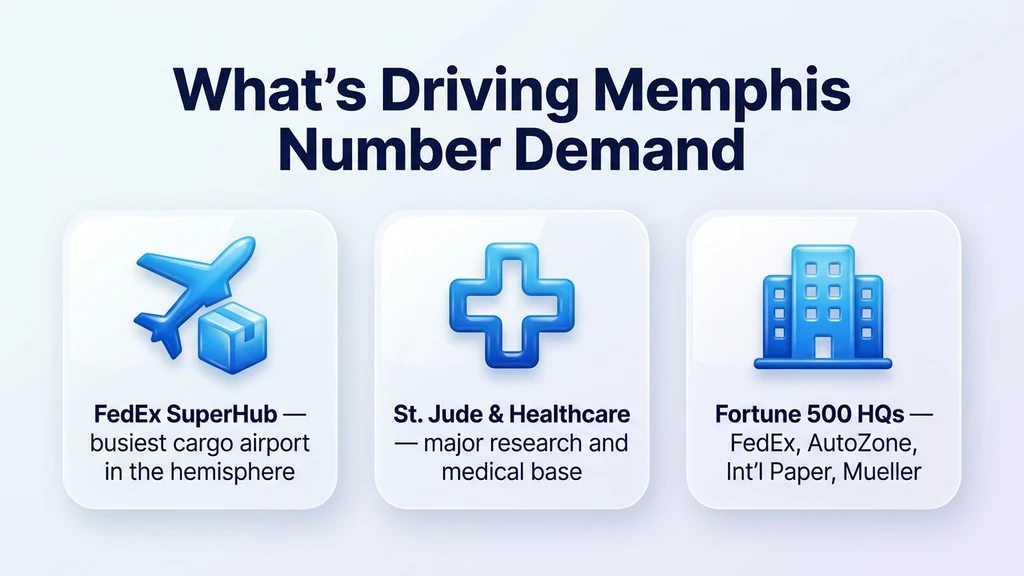 Glossy editorial stat graphic titled What's Driving Memphis Number Demand, with rows for the FedEx SuperHub, St. Jude and healthcare, and logistics and Fortune 500 headquarters