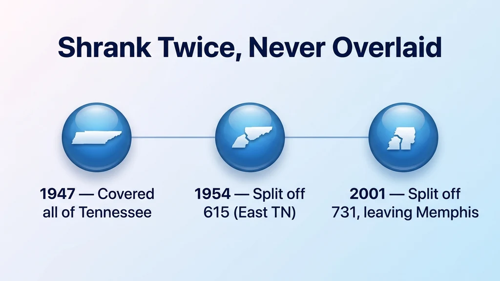Glossy timeline graphic showing three milestones: 1947 statewide, 1954 split creating 615, and 2001 split creating 731, leaving 901 as the Memphis metro