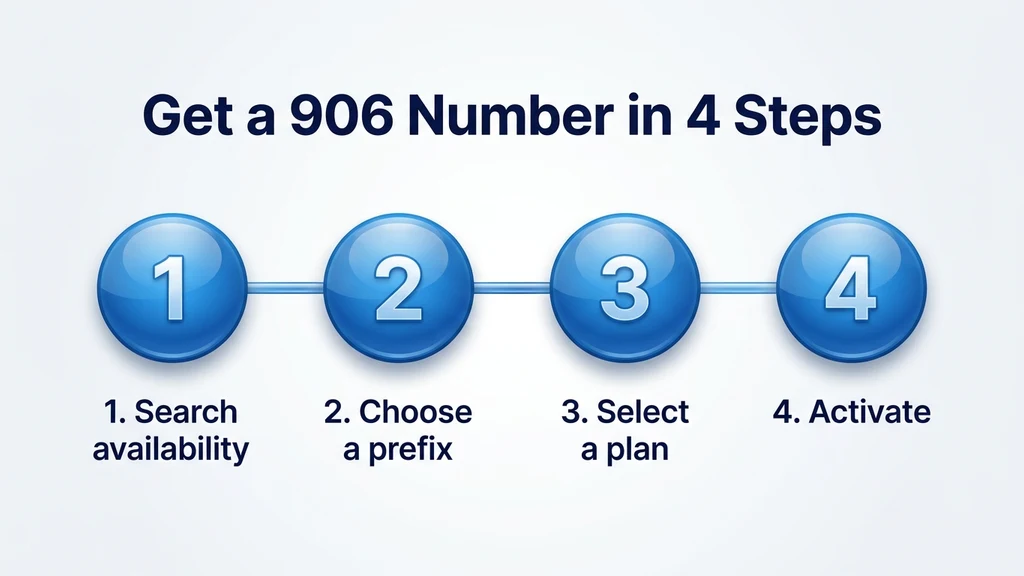 Glossy step-by-step graphic showing four steps to get a 906 number: search availability, choose a prefix, select a plan, activate