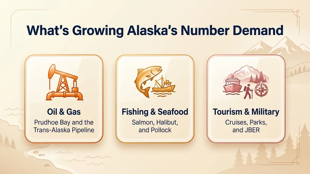 Warm-toned editorial stat graphic titled What's Growing Alaska's Number Demand, with rows for oil and gas, fishing and seafood, and tourism and military