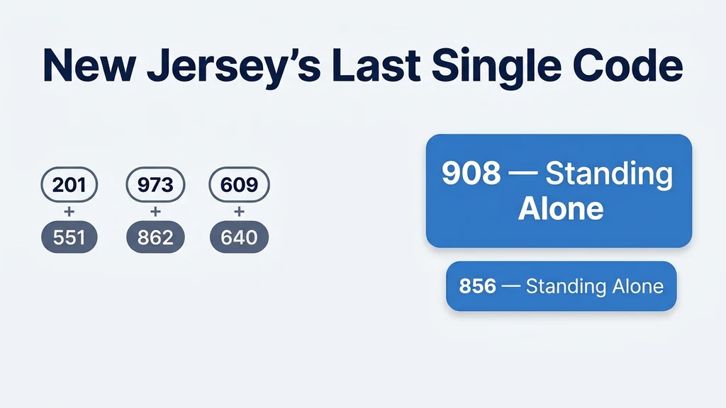 Comparison graphic showing most New Jersey area codes paired with an overlay, while 908 and 856 stand alone as single codes