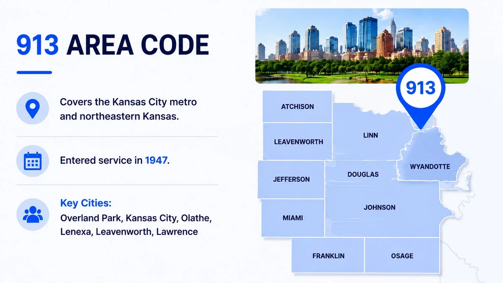 What the 913 area code covers — the Kansas side of Kansas City and northeastern Kansas