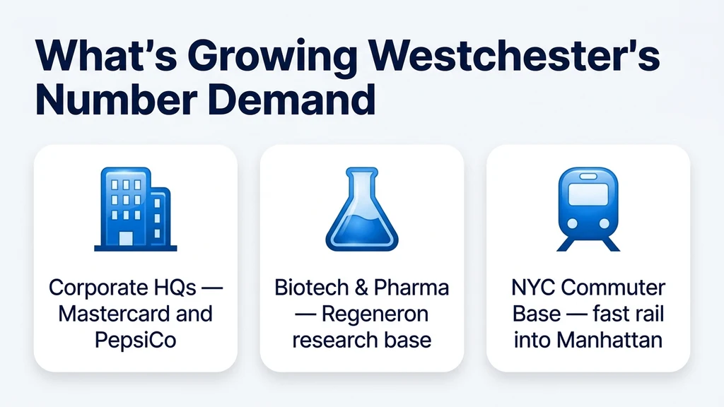 Editorial stat graphic titled What's Growing Westchester's Number Demand, with rows for corporate headquarters, biotech and pharma, and the NYC commuter base