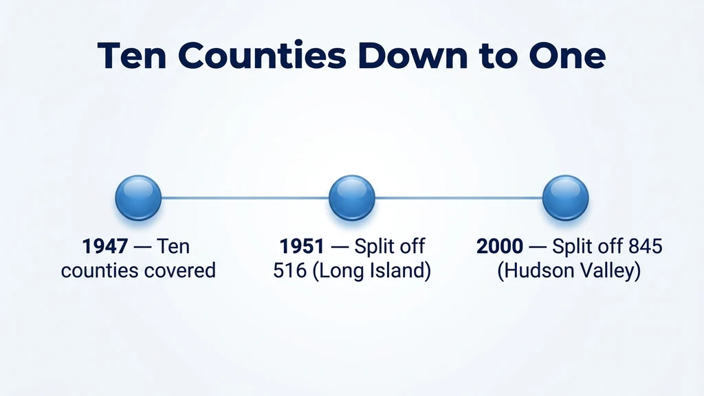 Timeline graphic showing three milestones: 1947 covering ten counties, 1951 split creating 516 for Long Island, and 2000 split creating 845 for the rest of the Hudson Valley