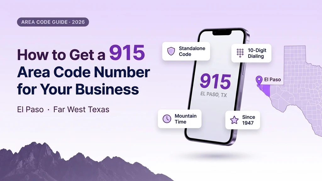 Purple banner showing a phone mockup with the 915 area code, a highlighted West Texas map with a pin over El Paso, and icon callouts for standalone status, dialing, time zone, and founding year