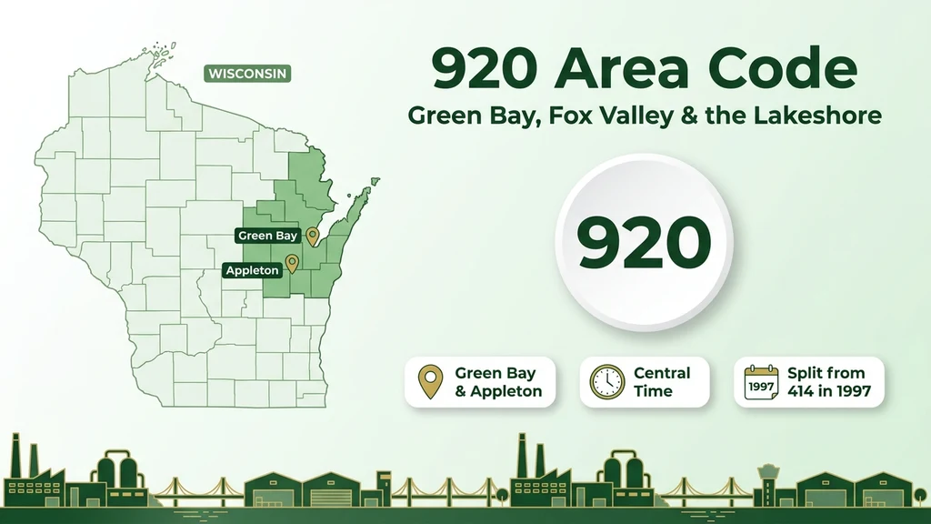 Blue banner showing a map badge over northeastern Wisconsin with pins for Green Bay and Appleton, labeled as the area code for Titletown and the Fox Valley
