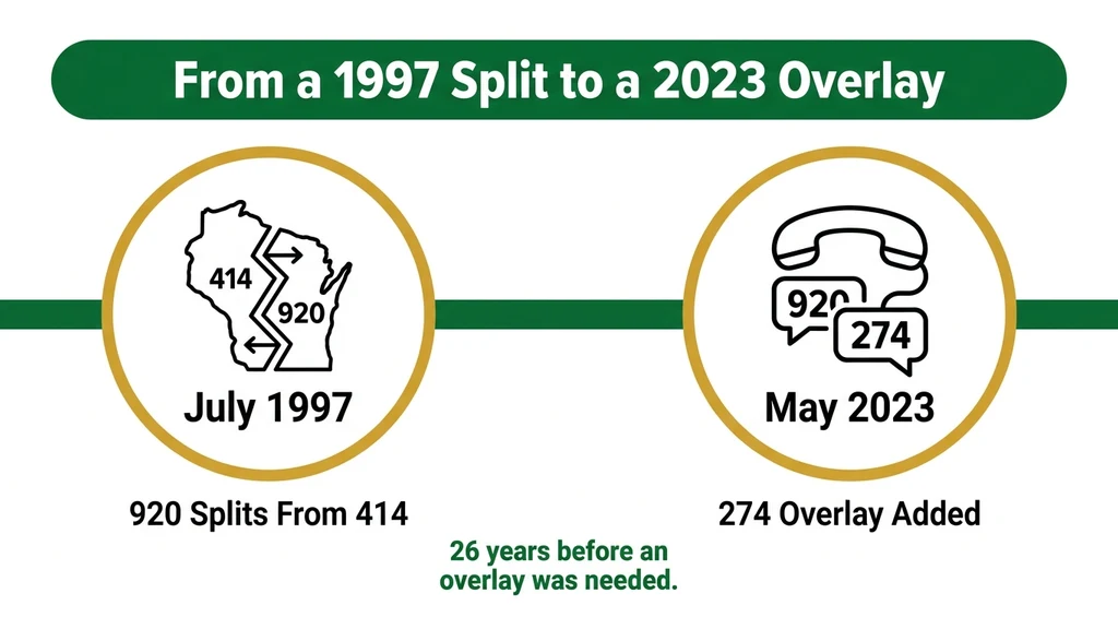 Timeline graphic showing two milestones: July 1997 split from 414 and May 2023 activation of the 274 overlay over the same 920 territory