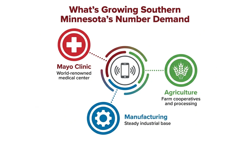 Editorial stat graphic titled What's Growing Southern Minnesota's Number Demand, with rows for Mayo Clinic, agriculture, and regional manufacturing