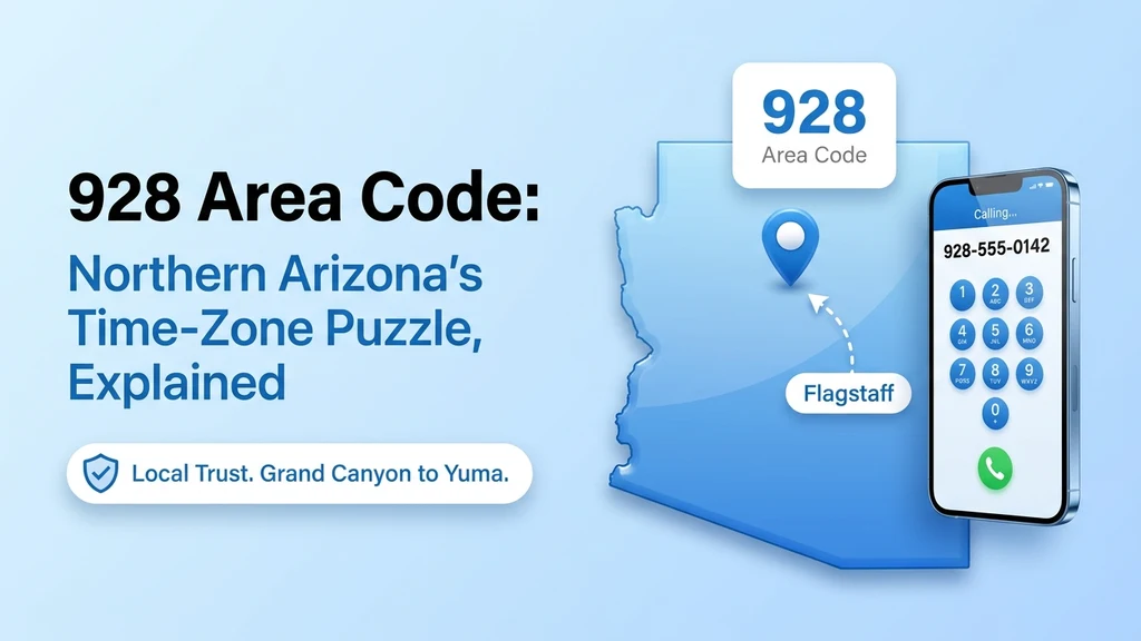 Blue banner showing a phone mockup with the 928 area code, a highlighted northern Arizona map with a pin over Flagstaff, and icon callouts for coverage, dialing, and time zone