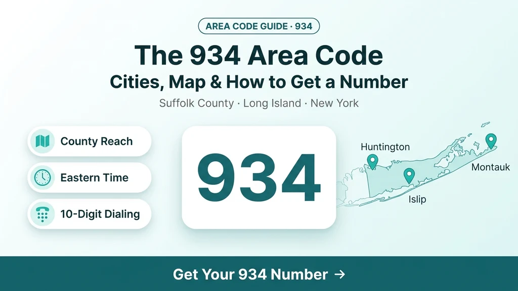 Teal banner showing a phone mockup with the 934 area code, a highlighted Suffolk County Long Island map with a pin over the East End, and icon callouts for coverage, overlay, and dialing