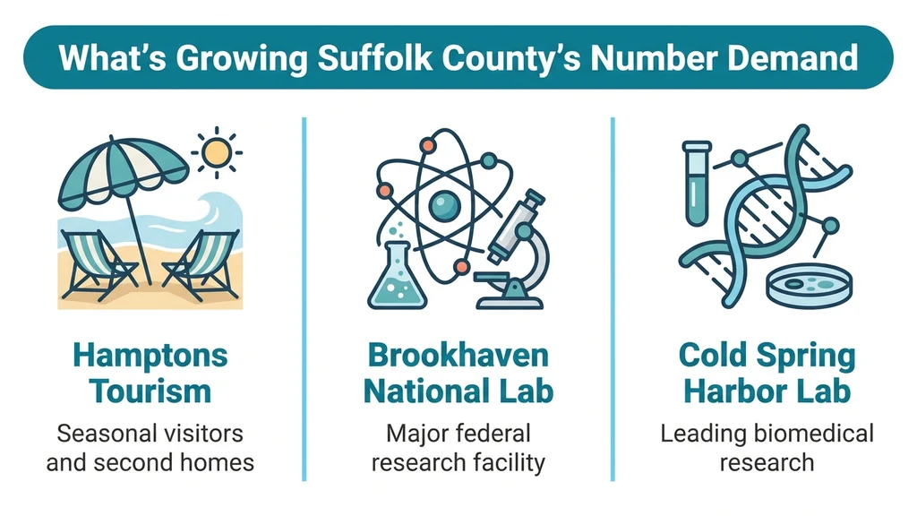 Editorial stat graphic titled What's Growing Suffolk County's Number Demand, with rows for Hamptons tourism, Brookhaven National Laboratory, and Cold Spring Harbor Laboratory