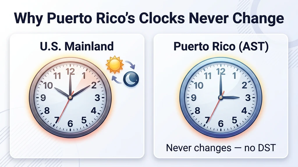 Clock comparison graphic showing Puerto Rico staying on Atlantic Time year-round while the U.S. mainland shifts between Eastern Standard and Daylight Time