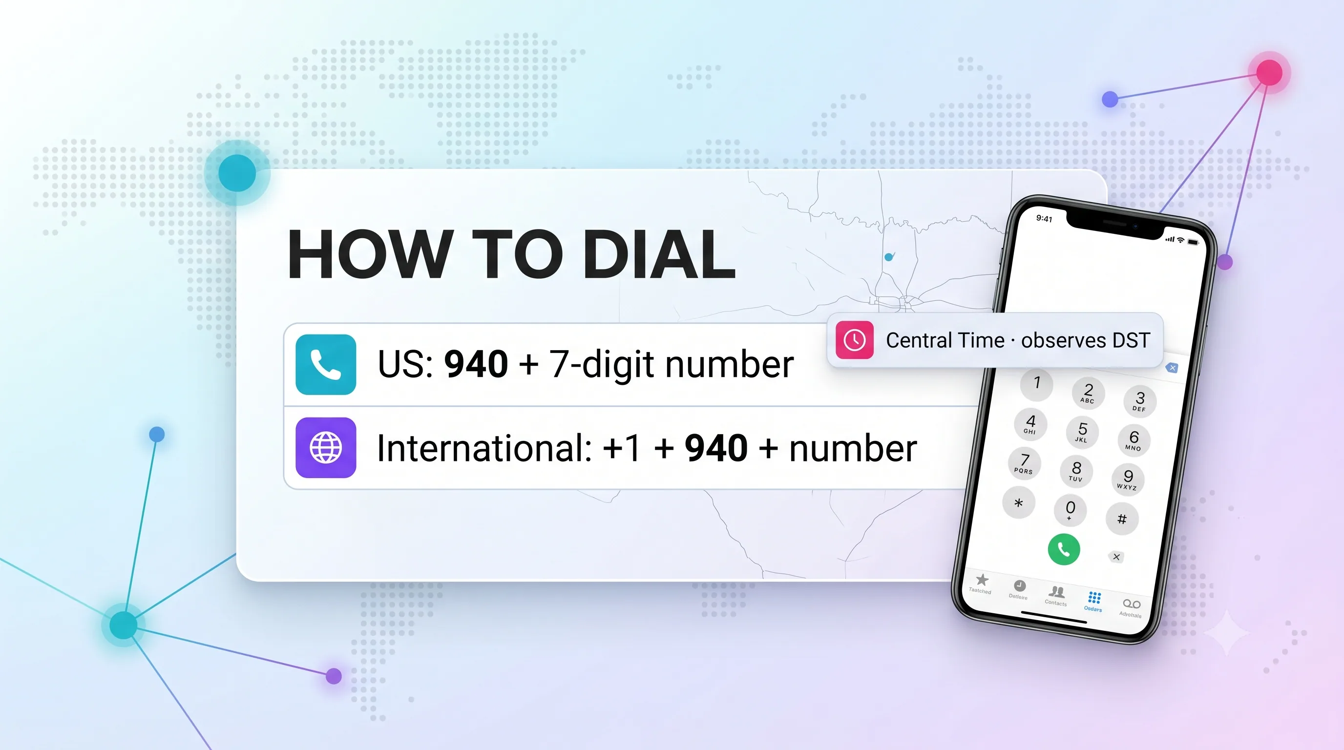 How to dial a 940 number: US is 940 plus a 7-digit number, international is +1 plus 940 plus the number, in Central Time observing DST