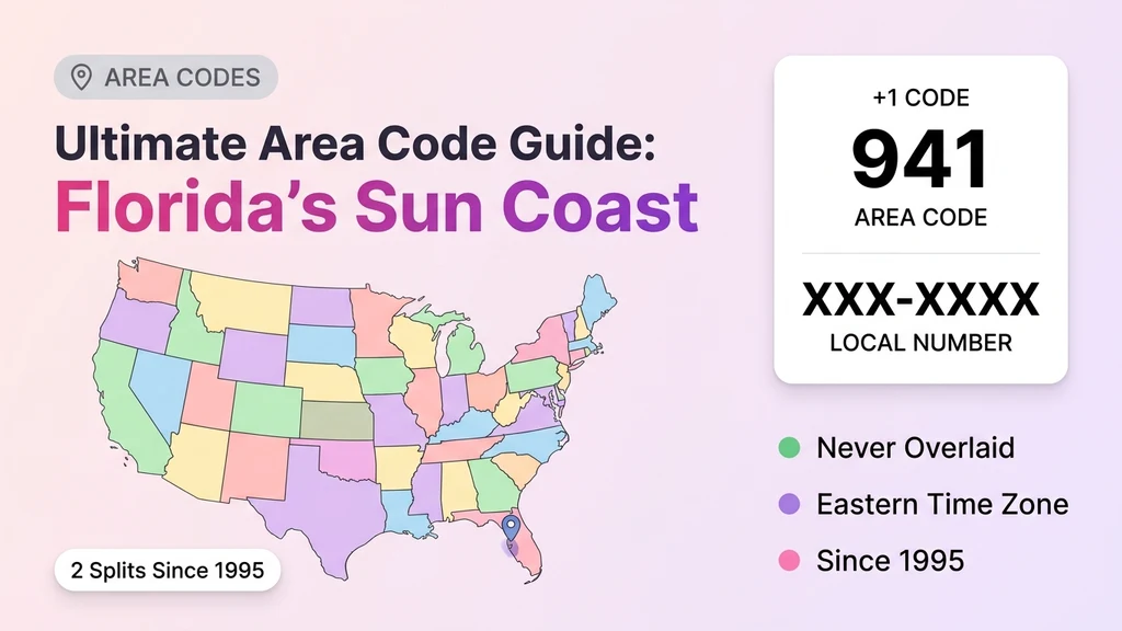 Colorful map of the United States with Florida highlighted and a pin over Sarasota, a bold 941 area code heading, and a phone-number format card