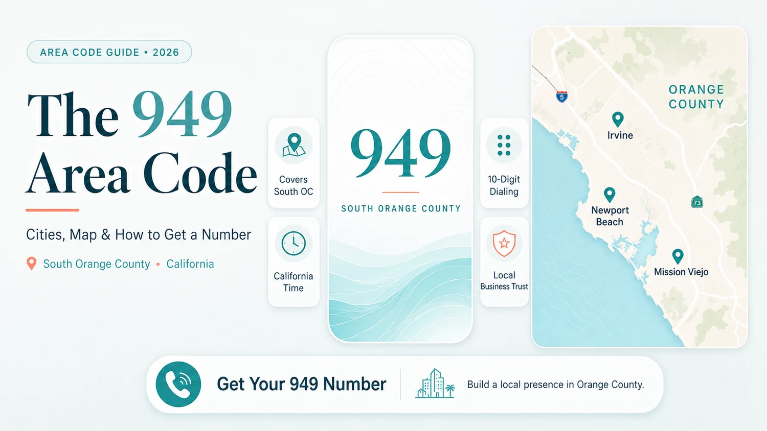 The 949 Area Code — Cities, Map & How to Get a Number. South Orange County, California. Area Code Guide 2026. Feature pills: Covers South OC, California Time, 10-Digit Dialing, Local Business Trust. Map of Orange County coastline with pin markers for Irvine, Newport Beach, and Mission Viejo. Get Your 949 Number — Build a local presence in Orange County.