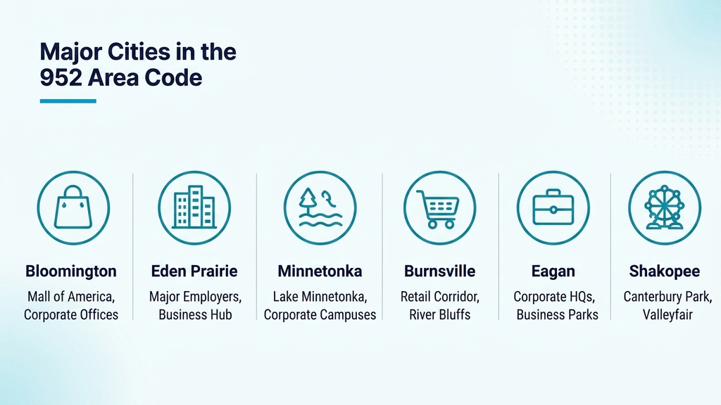 Major cities in the 952 area code — Bloomington, Eden Prairie, Minnetonka, Burnsville, Eagan, Shakopee, Chanhassen, Savage