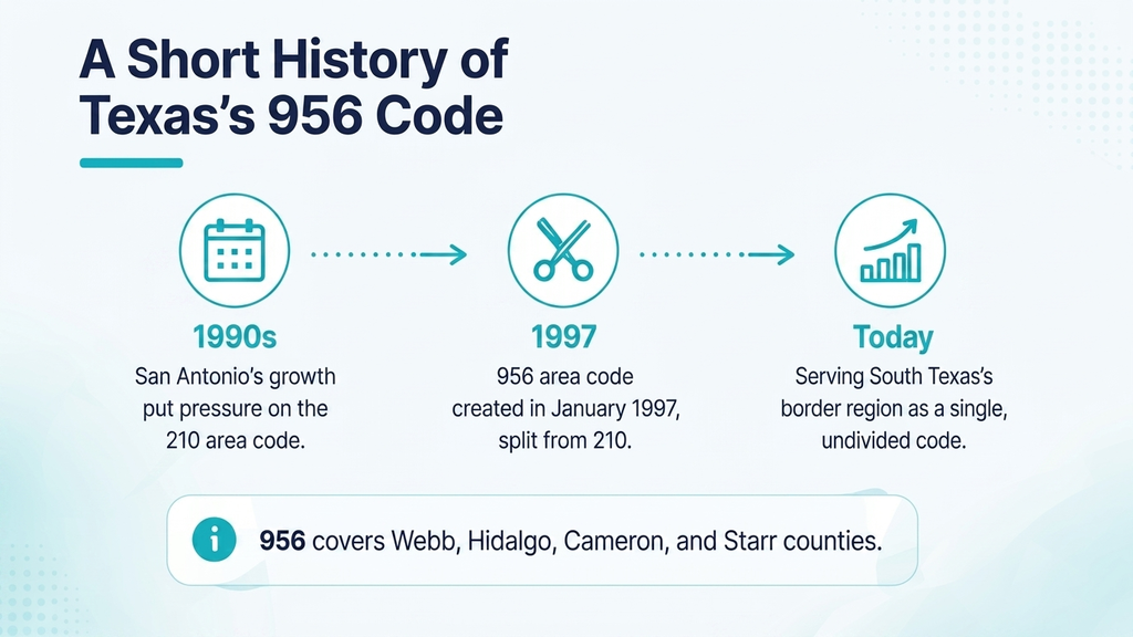Timeline infographic tracing South Texas's area code history from 210 covering San Antonio and the border region together, through the 956 split in January 1997 for the border counties, to today with Laredo and the Rio Grande Valley still undivided under 956, on a pale blue background with a ghosted Texas outline