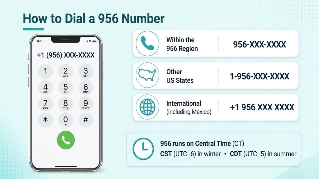Smartphone dial pad showing +1 (956) XXX-XXXX beside a Central Time clock icon on a pale blue infographic