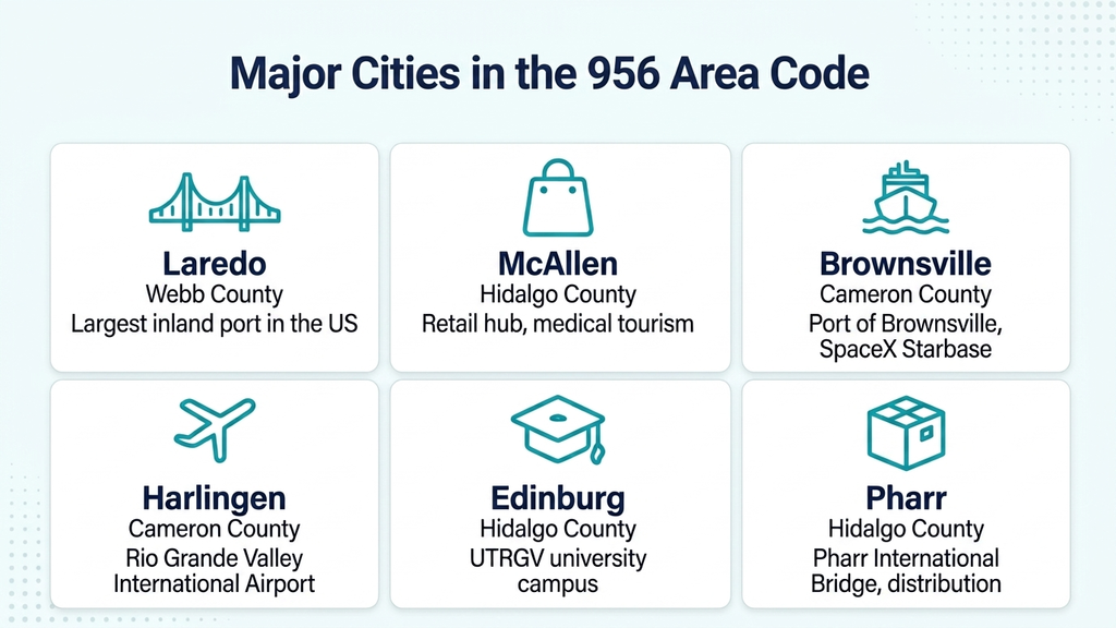 Major cities in the 956 area code — Laredo, McAllen, Brownsville, Harlingen, Edinburg, Pharr, Mission, Rio Grande City
